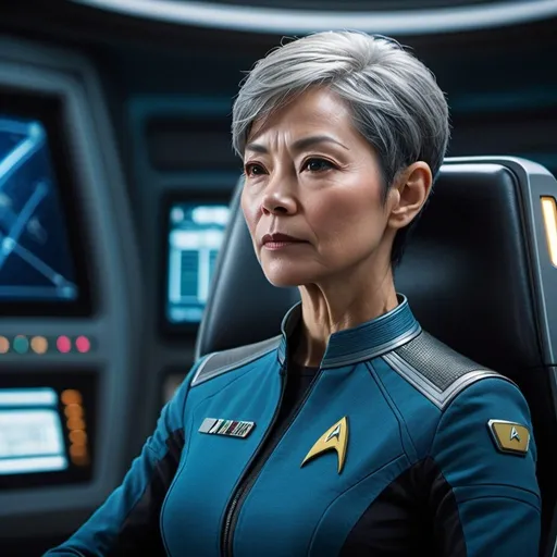 Prompt: a highly detailed, highly realistic matte painting by Helnwein, movie poster style, Star Trek movie, 64k, octane rendering, unreal engine, 85mm Zeiss Planar lens, 55-year-old attractive Korean female captain, detailed facial features, buzz-cut gray hair, small full figure, starship Discovery, comfortable command chair, sci-fi, detailed setting, highres, detailed figure, relaxed pose, professional, starship interior, futuristic, detailed hair, atmospheric lighting, Kodachrome,