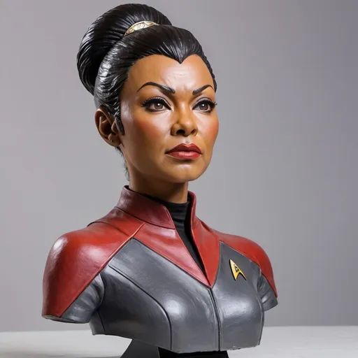 Prompt: Uhura sculpture made of molded polystyrene, Star Trek, realistic details, high quality, sculpture, lifelike, polished finish, detailed face, commanding presence, professional lighting, museum quality, polished look