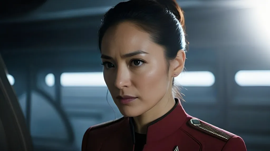 Prompt: Film noir version of Star Trek: Strange New World, 44-year-old Christina Chong as Lieutenant La'an Noonien-Singh, detailed eyes, detailed red uniform, detailed hair, tightly-cropped natural hair, detailed face, detailed hands, detailed fingers, fit and trim, tough and observant, intelligent, vulnerable, tough looking, relaxed posture, natural posture,  caring demeanor, gritty post-apocalyptic wasteland, very windy, dusty and desolate environment,  derelict retro-futuristic spacecraft and rusty retro-futuristic mining equipment, detailed Starfleet away team uniforms, best quality, detailed textures, realistic, post-apocalyptic, intense close-ups,   emotional storytelling, intense lighting and shadows, muted earthy tones, liminal spaces, dramatic angles, professional lighting, Denis Villeneuve-inspired, detailed facial expressions, dust and debris in the air, lens flare,  IMAX 70mm film,  Zeiss ZM T* Biogon 21/2.8 lens,
