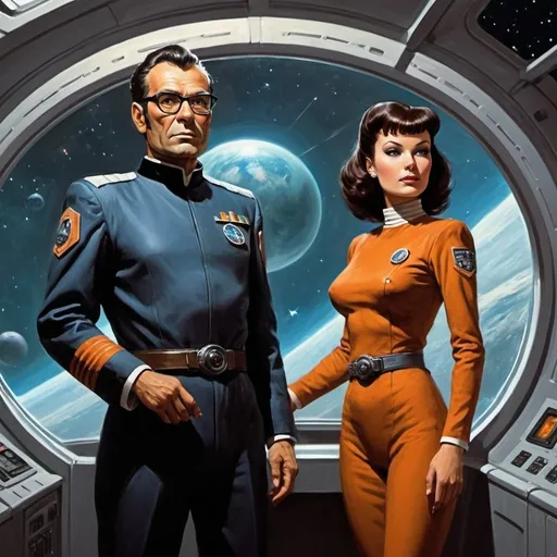 Prompt: Science fiction, pulp style, a man and a woman in command of a Statfleet  starship, best quality, inspired by Asimov