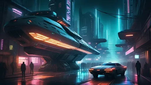 Prompt: Futuristic sci-fi illustration combining elements of Star Trek and Blade Runner, high-tech cybernetic enhancements, gritty urban cityscape, neon-lit streets, detailed spaceship with sleek metallic design, intense and moody atmosphere, cybernetic enhancements, advanced technology, highres, ultra-detailed, sci-fi, cyberpunk, intense atmosphere, futuristic spaceship, urban setting, neon-lit, cybernetic enhancements, professional, moody lighting