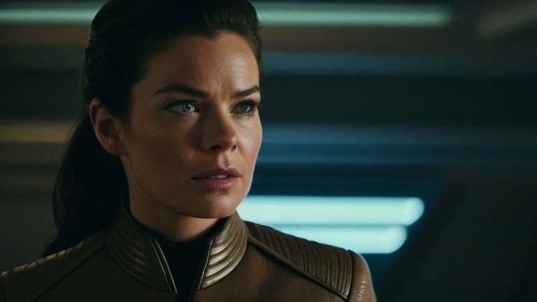 Prompt: Film noir version of Star Trek: Strange New World, Rebecca Romijn is Lieutenant commander Una Chin-Riley,  long dark brown hair, detailed eyes, detailed uniforms, detailed hair, detailed faces, detailed hands, detailed fingers, fit and trim, a few crew members, relaxed posture, natural posture,  professional attachment, gritty post-apocalyptic wasteland, windy, dusty and desolate environment, derelict retro-futuristic spacecraft, rusty futuristic mining equipment, high quality, detailed textures, realistic, post-apocalyptic, intense close-ups,   emotional storytelling, intense lighting and shadows, muted earthy tones, liminal spaces, dramatic angles, professional lighting, Denis Villeneuve-inspired, detailed facial expressions, dust and debris in the air, lens flare,  IMAX 70mm film,  Zeiss ZM T* Biogon 21/2.8 lens,
