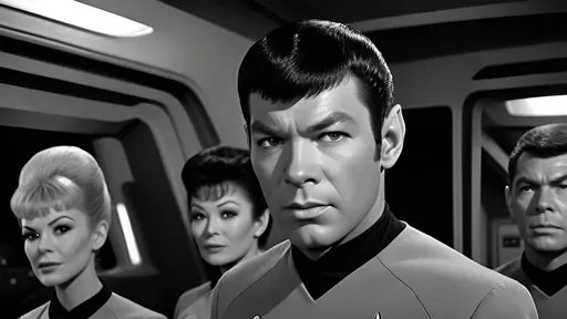 Prompt: Captain James T. Kirk, Spock, Montgomery Scott, Uhuru, Dr. McCoy, Nurse Chapel,
Mr. Sulu, Ensign Chekov, Janice Rand, Film noir version of Star Trek, black and white, moody lighting, vintage futuristic technology, intense close-ups, mysterious atmosphere, highly detailed, professional, film noir, vintage sci-fi, liminal space, dramatic lighting, intense gaze, detailed faces, highly expressive faces,  detailed eyes, detailed hair, detailed hands, crew members, shuttlecraft, blinking lights, computers, consoles, aliens,   grainy film look, detailed face, expressive face,  hands, detailed hair, detailed fingers, realistic fingers,  detailed fingernails, detailed mouths, detailed teeth,  perfect hands, physical perfection, relaxed posture,  hard boiled, tough, IMAX 70mm film, 15mm lens, hypermasculinity, best quality,  octane rendering,