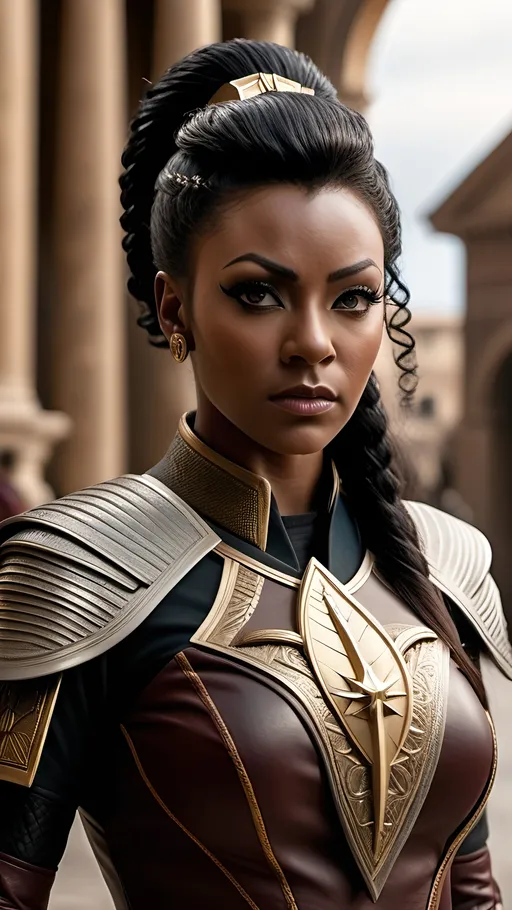 Prompt: a highly detailed, high quality professional matte painting incorporating elements of Star Trek movie set in a futuristic city inspired by the Roman Empire, IMAX 70mm film, Leica APO-Summicron-M 90mm f/2 lens, octane rendering 4k best quality


Florence Kasumba as Legionary Bellima, black hair, a ferocious warrior, dark skin, snarling, Roman-inspired hairstyle, wearing highly detailed Roman-inspired Starfleet ceremonial armor and an highly detailed Starfleet communicator badge, highly detailed rank insignia, highly detailed face, highly detailed skin, highly realistic skin, highly detailed skin texture, highly detailed hair, highly detailed hair texture, highly detailed brown eyes, highly detailed iris texture, highly detailed pupils, highly detailed sclera, highly detailed eyelashes, highly detailed eyebrows, highly detailed ears, highly detailed arms,  highly detailed hands, highly detailed mouth texture, highly detailed fingers, highly detailed mouth, highly detailed teeth, highly detailed legs, highly detailed feet, highly detailed toes, highly detailed toenails, dynamic facial expression, dynamic poses, 



