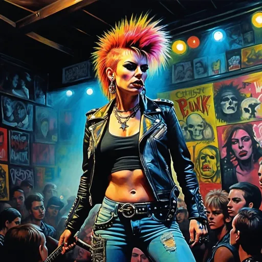 Prompt: Female punk rock star performer, Christy Powers style, at CBGB in 1978, oil painting, vibrant and rebellious, intense stage presence, iconic punk fashion, gritty urban atmosphere, vibrant colors, dramatic lighting, 4k, ultra-detailed, oil painting, rebellious, punk rock, iconic fashion, intense stage presence, gritty urban, vibrant colors, dramatic lighting, atmospheric