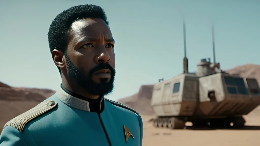 Prompt: Film noir version of Star Trek: Strange New World,  39-year-old black male Commander M'Benga, medium length thick black beard, detailed eyes, detailed light blue uniform, detailed hair, detailed face, detailed hands, detailed fingers, fit and trim, intelligent, curious, strong and gentle, relaxed posture, natural posture,  happy demeanor, experienced, curious expression, gritty post-apocalyptic wasteland, very windy, dusty and desolate environment,  derelict retro-futuristic spacecraft and rusty retro-futuristic mining equipment, detailed Starfleet away team uniforms, best quality, detailed textures, realistic, post-apocalyptic, intense close-ups,   emotional storytelling, intense lighting and shadows, muted earthy tones, liminal spaces, dramatic angles, professional lighting, Denis Villeneuve-inspired, detailed facial expressions, dust and debris in the air, lens flare,  IMAX 70mm film,  Zeiss ZM T* Biogon 21/2.8 lens,
