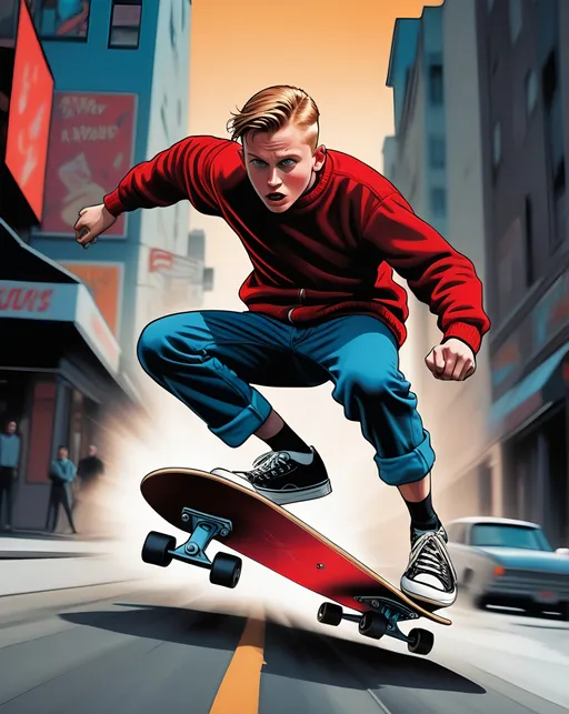 Prompt: a  professional matte pop art painting, Mike Vallely, graphic novel, Kodachrome color, dramatic action, exciting, compelling narrative, unique visual perspective,

 a dynamic scene vista, 
a 12-year-old person skateboarding, cars, pedestrians, danger, risk-taking, dynamic poses, dynamic motion, 
Motion blur,
dramatic and unusual angles, dramatic action, dynamic location, dynamic locations, dynamic action, dynamic emotions, dynamic energy, dynamic poses, dynamic colors, dusk tones, high contrast, low key, dynamic lighting, dynamic character,  dynamic quality, dynamic resolution, dynamic posture,  dynamic years, 2D retro comic book style design, dark background,  film noir, street photography,