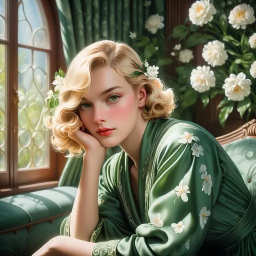 Prompt: a hyper realistic Kodachrome close-up portrait taken in the 1930s with a large format camera of a beautiful blonde movie star with a pensive expression, sitting on a sofa near a window in the ornate and well decorated ballroom of a shabby art deco hotel, encircled by flowers, with studio lighting and diffuse rays of warm sunlight from the windows illuminating dust floating in the air, the walls are covered in peeling green silk wallpaper with a white floral pattern, inspired by the photography of George Hurrell, relaxed natural posture,
 64k, octane rendering, unreal engine,
