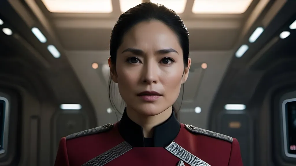 Prompt: Film noir version of Star Trek: Strange New Worlds, 44-year-old Christina Chong as Lieutenant La'an Noonien-Singh, detailed eyes, detailed red uniform, detailed hair, straight black hair, tight ponytail,  detailed face, detailed hands, detailed fingers, fit and trim, tough and observant, intelligent, vulnerable, tough looking, relaxed posture, natural posture,  caring demeanor, gritty post-apocalyptic wasteland, very windy, dusty and desolate environment,  derelict retro-futuristic spacecraft and rusty retro-futuristic mining equipment, detailed Starfleet away team uniforms, best quality, detailed textures, realistic, post-apocalyptic, intense close-ups,   emotional storytelling, intense lighting and shadows, muted earthy tones, liminal spaces, dramatic angles, professional lighting, Denis Villeneuve-inspired, detailed facial expressions, dust and debris in the air, lens flare,  IMAX 70mm film,  Zeiss ZM T* Biogon 21/2.8 lens,
