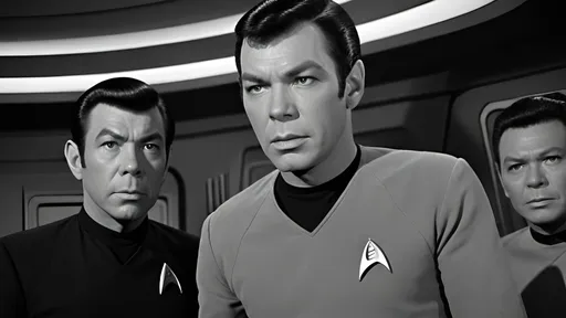 Prompt: Captain James T. Kirk, Spock, Montgomery Scott, Uhuru, Dr. McCoy, Nurse Chapel,
Mr. Sulu, Ensign Chekov, Janice Rand, Film noir version of Star Trek, black and white, moody lighting, vintage futuristic technology, intense close-ups, mysterious atmosphere, highly detailed, professional, film noir, vintage sci-fi, liminal space, dramatic lighting, intense gaze, detailed faces, highly expressive faces,  detailed eyes, detailed hair, detailed hands, crew members, shuttlecraft, blinking lights, computers, consoles, aliens,   grainy film look, detailed face, expressive face,  hands, detailed hair, detailed fingers, realistic fingers,  detailed fingernails, detailed mouths, detailed teeth,  perfect hands, physical perfection, relaxed posture,  hard boiled, tough, IMAX 70mm film, 15mm lens, hypermasculinity, best quality,  octane rendering,