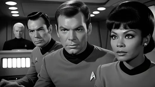 Prompt: Captain James T. Kirk, Spock, Montgomery Scott, Uhura, Dr. McCoy, Nurse Chapel,
Mr. Sulu, Ensign Chekov, Janice Rand, Film noir version of Star Trek, black and white, moody lighting,  vintage futuristic technology, intense close-ups, mysterious atmosphere, highly detailed, professional, film noir, vintage sci-fi, liminal space, dramatic lighting, intense gaze, detailed faces, highly expressive faces,  detailed eyes, detailed hair, detailed hands, crew members, shuttlecraft, blinking lights, computers, consoles, aliens,   grainy film look, detailed face, expressive face,  hands, detailed hair, detailed fingers, realistic fingers,  detailed fingernails, detailed mouths, detailed teeth,  perfect hands, physical perfection, relaxed posture,  hard boiled, tough, IMAX 70mm film, 15mm lens, hypermasculinity, best quality,  octane rendering,