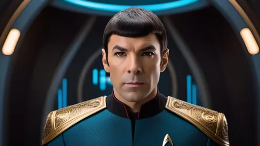 Prompt: a highly detailed, high quality professional matte painting incorporating elements of Star Trek, IMAX 70mm film, Voigtlander Super Wide-Heliar 15/4.5 lens,
 Commander Spock, blue tunic, stoic demeanor, arched eyebrows, pointed ears, intelligent vibe, hyper masculine, Roman-inspired haircut, detailed Roman-inspired Starfleet tunic, ornate, intricate design, highly detailed Starfleet communicator badges, gold and jewel embellishments, realistic rank insignia, relaxed posture, natural posture, dramatic lighting and shadows,  sci-fi, detailed face, relaxed facial expression, highly detailed skin texture, detailed hair, detailed hair texture, highly detailed eyes, detailed iris texture, detailed pupils, highly detailed eyelashes, highly detailed eyebrows, highly detailed ears, detailed arms, relaxed arms, detailed hands, detailed mouth texture, relaxed hands, detailed fingers, detailed mouths, relaxed mouths, detailed teeth,
 in deep space, on a futuristic starship, gleaming, futuristic Roman-inspired design, splendid, opulent,  Highly detailed futuristic depiction of Roman iconography, marble and gold materials, intricate marble carvings, futuristic Roman architecture, gold accents, ultra-detailed, professional, futuristic, Roman iconography, marble, gold, intricate details, advanced futuristic consoles, large highly  viewscreens, sleek advanced futuristic chairs, workstations with highly detailed holographic display panels, highly detailed schematics, central retro-futuristic Roman-inspired command center, opulently decorated, large LED panels, retro-futuristic, luxurious,  large forward viewscreen, highly detailed futuristic holographic display, vibrant and dynamic, Roman Empire vibe, captivating storytelling, expressive faces,  cybernetic enhancements, futuristic technology, detailed futuristic work stations, cinematic quality, dynamic composition, dramatic poses, unique visual narrative, dramatic angles, lens flare, professional lighting, subdued color scheme,  iconic Star Trek characters,

