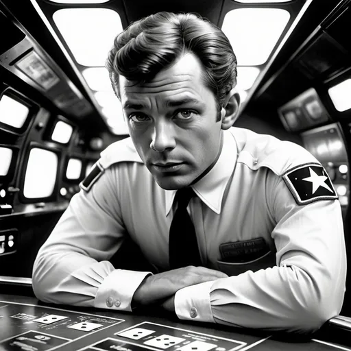Prompt: in a highly detailed realistic black and white science fiction movie poster for a film directed by Billy Wilder set in 3245
On a starship bridge in deep space, a beautiful gas giant visible on the forward viewscreen,  The captain, a charismatic and robust leader with a commanding presence, with a strong, athletic build reflective of his adventurous spirit, with sharp features, intense eyes that can convey determination and warmth,  His hair styled in a classic 1960s fashion, plays solitaire at a console in the foreground, crewmembers man their stations, neon, rust, detailed hands, peeling paint, moody, atmospheric, spooky, a sense of impending doom, posters, graffiti,  grainy film look, detailed face, expressive face,  grime, relaxed hands, detailed hair, detailed fingers, realistic fingers, detailed fingernails, detailed mouth, detailed teeth, nightmarish, perfect hands, physical perfection,  smoke, gold, silver, period clothing, period head ware, intense, relaxed posture, trash, rubble, bullet holes, cracks,  dust, scars,, broken nose,  hard boiled, tough, 70mm film, hypermasculine, subdued lighting,  octane rendering,

