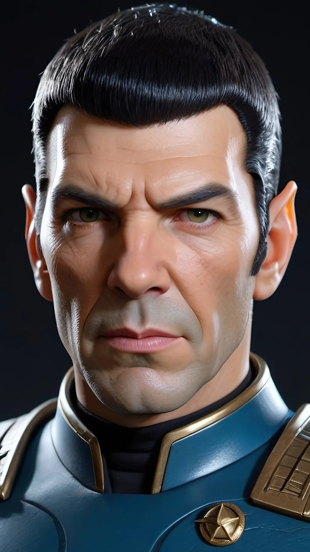 Prompt: Commander Spock, highly detailed very pointy ears, stoic demeanor, a born leader, intelligent vibe, Roman-inspired haircut, highly detailed Roman-inspired blue Starfleet armor, ornate, intricate design, highly detailed Starfleet communicator badges, realistic rank insignia, relaxed posture, dynamic posture, highly detailed face, highly detailed facial wrinkle texture, quizzical facial expression, highly detailed skin texture, highly detailed hair, highly detailed hair texture, highly detailed eyes, detailed iris texture, detailed pupils, highly detailed eyelashes, highly detailed eyebrows, highly detailed ears, highly detailed arms, relaxed arms, highly detailed hands, detailed mouth texture, relaxed hands, highly detailed fingers, detailed mouth, relaxed mouths, highly detailed teeth, highly detailed futuristic starship, futuristic Roman-inspired design, marble and acrylic materials, cinematic quality, dynamic composition, unique visual narrative, dramatic angles, diffuse professional lighting, opulent, splendid, subdued color scheme, sci-fi, futuristic, detailed architecture, grand scale, professional atmospheric lighting, warlike vibe, 