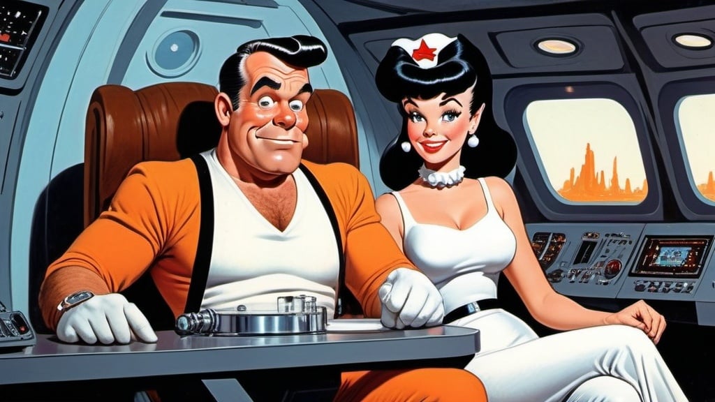 Prompt: Science fiction, pulp style, a man and a woman in command of a Starfleet  starship, best quality, Fred Flintstone, Betty Rubble, Wilma Flintstone, relaxed natural posture, drawn by Jack Kirby