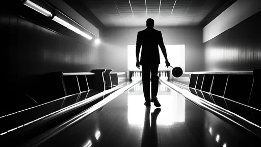 Prompt: Art deco bowling alley,  a dark figure in silhouette, dramatic angles, high contrast, black and white, 15mm lens, smoky atmosphere, light rays, vintage, classy, retro, detailed architecture, professional lighting