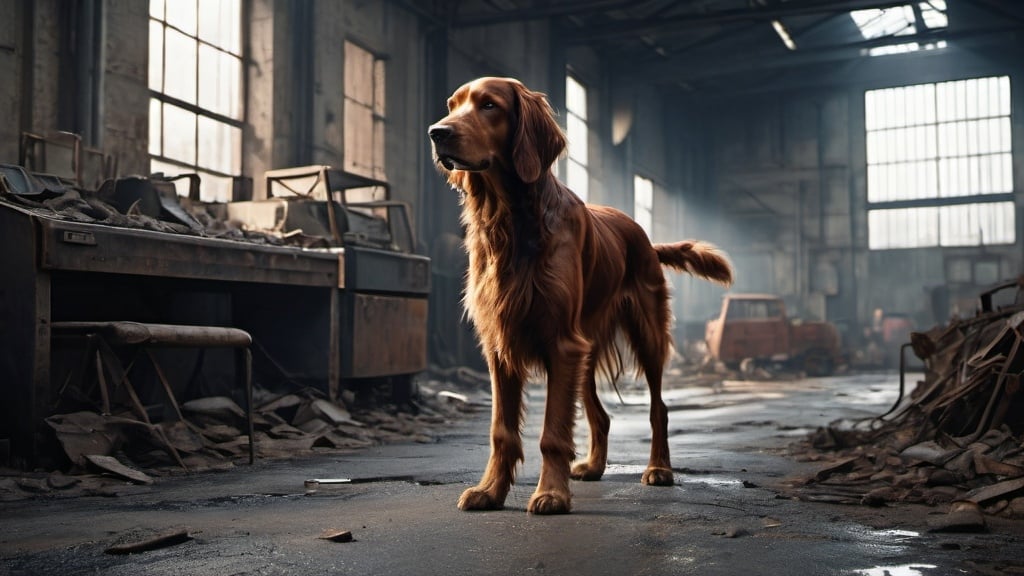 Prompt: highly detailed highly realistic  professional matte painting by Denis Villeneuve, by Greig Fraser,  for a dystopian post apocalyptic movie,  movie poster style, professional lighting, 64k, UHD, octane rendering, unreal engine, 

gritty realism, 
rusty tones, a sense of impending doom, moody and atmospheric, 
in an abandoned factory, filled with
retro industrial machinery, 
rusty metal desks, trash, 
debris,
decay, 
brutalist architecture, 
cracked pavement, 
 
with crumbling walls, 
cracked pavement,  
detailed rust textures,  


a lone man, 
18-years-old, slim and scruffy looking, detailed hands, detailed face, detailed dirty and worn clothes,
detailed character design, relaxed natural posture,
walks an Irish setter, detailed, well trained, intelligent looking, natural looking, 
  
dramatic angles, Zeiss Jena 35mm f2.8 Biogon LTM lens, IMAX 70mm film, 
