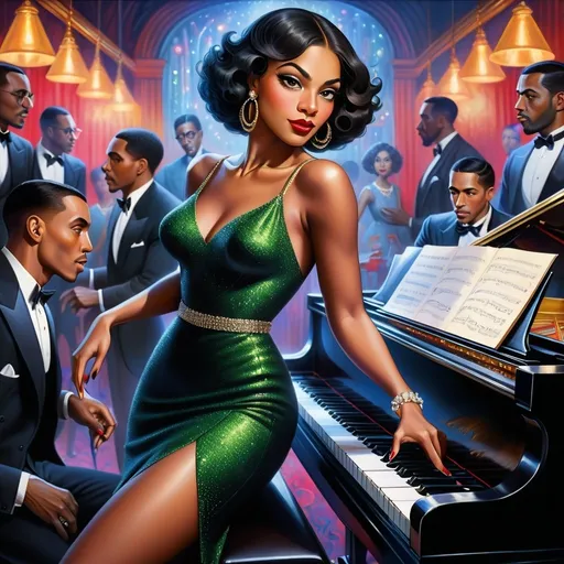 Prompt: highly detailed oil painting by Archibald John Motley Jr featuring Florence Mills set during the Harlem Renaissance,  in a dark smoky Harlem nightclub, a woman sits and plays a piano, a few noted black intellectuals and entertainers in the background, bright vibrant colors,  detailed eyes, detailed hands, detailed faces, shapely legs, expressive hands, relaxed posture, low lighting, dark, realistic instruments, realistic piano, octane rendering, 
