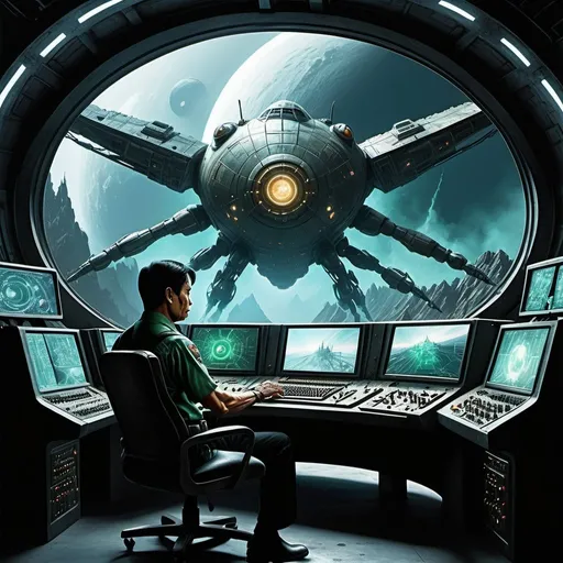 Prompt: create an image of a highly detailed realistic pop art painting by Frank Frazetta for a  space opera  horror movie set in deep space in 3624 , against the backdrop of a spacious hemispherical bridge dominated by a large forward viewscreen of an enormous derelict space dreadnaught, in the foreground working at a console in front of the turbolift Captain Kenji Otaki, a thin and handsome black haired blue eyed 50 year old Asian man with a slender build, sharp features, his face set in determination, crewmembers in the background, blinking lights detailed uniforms futuristic hairstyles muscular arms detailed arms smoke electrical sparks detailed warp core open panels steam detailed computers detailed consoles, detailed schematics on detailed LCD screens, rust detailed hands detailed legs peeling paint low angle 15mm lens dramatic angles moody atmospheric spooky a sense of impending doom rivets bolts girders scaffolding  leather boots catwalks  grainy film look detailed faces  expressive faces  grime relaxed hands detailed hair detailed fingers realistic fingers oil smears tattoos detailed fingernails detailed mouths detailed legs well muscled legs detailed wrists detailed forearms detailed biceps detailed sweat detailed boots detailed teeth nightmarish perfect hands film noir look  smoke  period clothing period head ware intense atmosphere relaxed posture  scars  tough 70mm film hyper masculinity  fear cavernous spaces natural looking hands atmospheric natural physiques relaxed postures a sense of immensity bright green eyes detailed jewelry, gold, silver, rubies, platinum, diamonds, pearls, emeralds, octane rendering  inspired by the art of inspired by the art of Brian Fox

