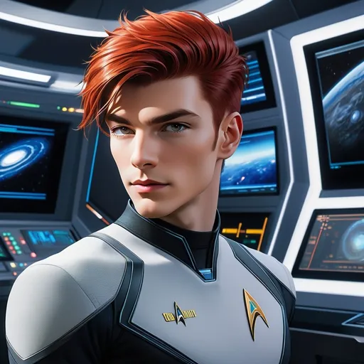 Prompt: the male gaze, male  30-year-old Gay  male Irish communications officer at the communications console, slender build, relaxed posture, Star Trek Discovery, futuristic sci-fi setting, sleek and modern design, bright and high-tech control panel, detailed skin, detailed hair, short red hair, detailed facial features, male, vibrant and dynamic lighting, professional, highres, sci-fi, futuristic, detailed expression, modern technology, atmospheric lighting, high res, ultra realistic, octane rendering, 64k, CFG:14, highly detailed photorealistic matte painting by Mapplethorpe, movie poster style,