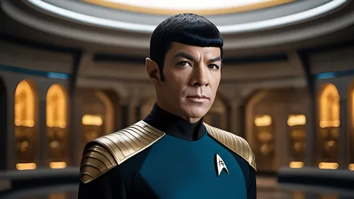 Prompt: a highly detailed, high quality professional matte painting incorporating elements of Star Trek, IMAX 70mm film, Voigtlander Super Wide-Heliar 15/4.5 lens,
 Commander Spock, blue tunic, stoic demeanor, arched eyebrows, pointed ears, intelligent vibe, hyper masculine, Roman-inspired haircut, detailed Roman-inspired Starfleet tunic, ornate, intricate design, highly detailed Starfleet communicator badges, gold and jewel embellishments, realistic rank insignia, relaxed posture, natural posture, dramatic lighting and shadows,  sci-fi, detailed face, relaxed facial expression, highly detailed skin texture, detailed hair, detailed hair texture, highly detailed eyes, detailed iris texture, detailed pupils, highly detailed eyelashes, highly detailed eyebrows, highly detailed ears, detailed arms, relaxed arms, detailed hands, detailed mouth texture, relaxed hands, detailed fingers, detailed mouths, relaxed mouths, detailed teeth,
 in deep space, on a futuristic starship, gleaming, futuristic Roman-inspired design, splendid, opulent,  Highly detailed futuristic depiction of Roman iconography, marble and gold materials, intricate marble carvings, futuristic Roman architecture, gold accents, ultra-detailed, professional, futuristic, Roman iconography, marble, gold, intricate details, advanced futuristic consoles, large highly  viewscreens, sleek advanced futuristic chairs, workstations with highly detailed holographic display panels, highly detailed schematics, central retro-futuristic Roman-inspired command center, opulently decorated, large LED panels, retro-futuristic, luxurious,  large forward viewscreen, highly detailed futuristic holographic display, vibrant and dynamic, Roman Empire vibe, captivating storytelling, expressive faces,  cybernetic enhancements, futuristic technology, detailed futuristic work stations, cinematic quality, dynamic composition, dramatic poses, unique visual narrative, dramatic angles, lens flare, professional lighting, subdued color scheme,  iconic Star Trek characters,

