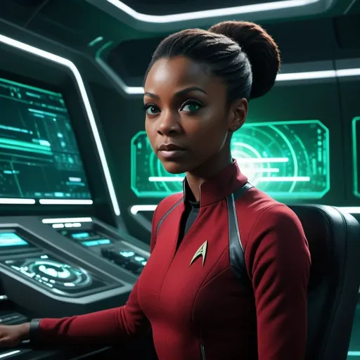 Prompt: movie poster style, a highly detailed highly realistic  matte painting by Helnwein, for a Star Trek movie,  dramatic angles, unreal engine, UHD, CFG:8, 64k, 3d, octane rendering, 45mm lens,  Kodachrome, 

Detailed futuristic red uniform, black woman, tall, pretty, tightly curled hair, hazel eyes, bright green eyes, professional, sci-fi, highres, ultra-detailed, futuristic, detailed eyes, sleek design, atmospheric lighting, futuristic setting,
 relaxes at a console, face set in pleased determination,
against the backdrop of a Wide, crowded engine bay with high ceilings, phosphorescent green lighting, pulsating warp core, crew members in the background, high quality, sci-fi, cyberpunk, industrial, dramatic lighting, futuristic, detailed machinery, atmospheric ambiance
