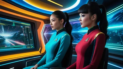 Prompt: Hip, futuristic sci-fi setting, young cast in Star Trek movie, bridge scene, high-tech consoles, colorful holographic displays, sleek uniforms, detailed facial expressions, intense close-ups, professional lighting,  ultra-detailed, sci-fi, futuristic, Star Trek, bridge scene, hip, colorful holographic displays, sleek uniforms, dramatic angles, relaxed atmosphere, relaxed posture, professional lighting, IMAX 70mm film, Zeiss Biogon T* 21/2.8 lens, best quality, octane rendering, 64k