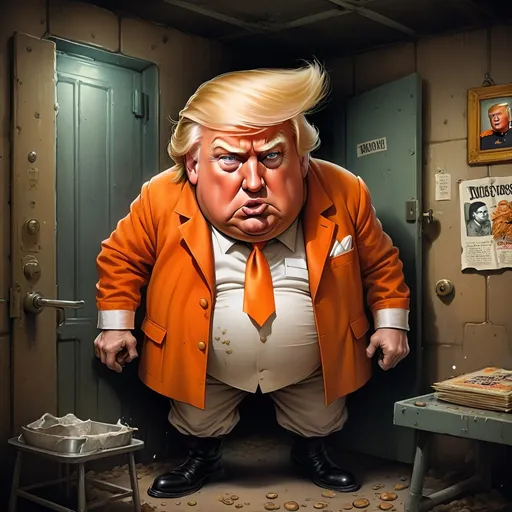 Prompt:  Donald Trump in soiled, dirty, rumpled, food-stained, orange Nehru jacket, fat, bald, detailed facial features, caricature style, exaggerated proportions, caricature style, lowbrow art, comedic expression, unflattering, unflattering angles,
 tiny hands,  dirt, grime,  prison cell,  political satire, 60s album cover style, cool tones, a sense of hopelessness, detailed prison cell, detailed prison cot, dark humor, satirical, vintage album cover, surreal lighting,  political satire, detailed art, retro design, professional detailed matte painting  by Rembrandt, by Stanley “Mouse” Miller
