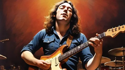 Prompt: Rory Gallagher performing at Ulster Hall in Belfast in 1972, realistic oil painting, detailed musical instruments, lively atmosphere, professional artistry, vibrant colors, warm lighting, high quality, realistic, 70s, live concert, oil painting, vibrant, detailed instruments, professional, warm colors, lively atmosphere