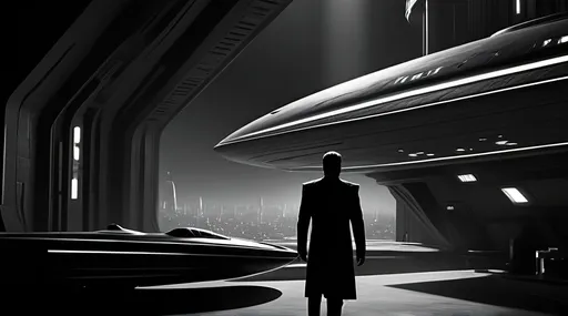 Prompt: Noir interpretation of Star Trek: Prodigy, black and white, dramatic lighting, futuristic cityscape, vintage spaceship, mysterious shadows, high contrast, film noir, detailed characters, professional, atmospheric lighting