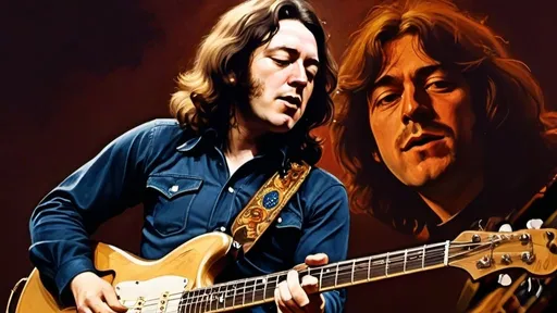 Prompt: Rory Gallagher performing at Ulster Hall in Belfast in 1972, realistic oil painting, detailed musical instruments, lively atmosphere, professional artistry, vibrant colors, warm lighting, high quality, realistic, 70s, live concert, oil painting, vibrant, detailed instruments, professional, warm colors, lively atmosphere