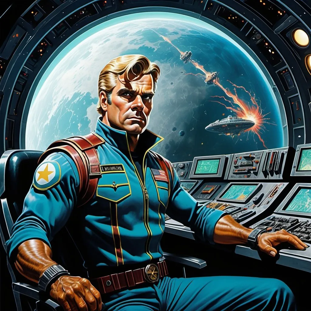 Prompt:   highly detailed realistic pop art  painted by Jack Kirby for a  space pirate horror movie set in 3624, in deep space against the foreground of a spacious hemispherical bridge on an enormous ancient and battle damaged space dreadnaught, lit only by the ominous of a large forward viewscreen, Captain Ken Benedict , a trim and handsome blond haired blue eyed 40 year old man with a slim athletic build, sharp features, a chiseled jaw, face set in weary determination, relaxes at his command station,  a few crewmembers in the background, blinking lights detailed uniforms futuristic hairstyles muscular arms detailed arms smoke electrical sparks detailed warp core open panels steam detailed computers detailed consoles, detailed schematics on detailed LCD screens, rust detailed hands detailed legs peeling paint low angle 15mm lens dramatic angles moody atmospheric spooky a sense of impending doom rivets bolts girders scaffolding  leather boots catwalks  grainy film look detailed faces  expressive faces  grime relaxed hands detailed hair detailed fingers realistic fingers oil smears tattoos detailed fingernails detailed mouths detailed legs well muscled legs detailed wrists detailed forearms detailed biceps detailed sweat detailed boots detailed teeth nightmarish perfect hands film noir look  smoke  period clothing period head ware intense atmosphere relaxed posture  scars  tough 70mm film hyper masculinity  fear cavernous spaces natural looking hands atmospheric natural physiques relaxed postures a sense of immensity bright green eyes detailed jewelry, gold, silver, rubies, platinum, diamonds, pearls, emeralds, octane rendering  inspired by the art of inspired by the art of Brian Fox
