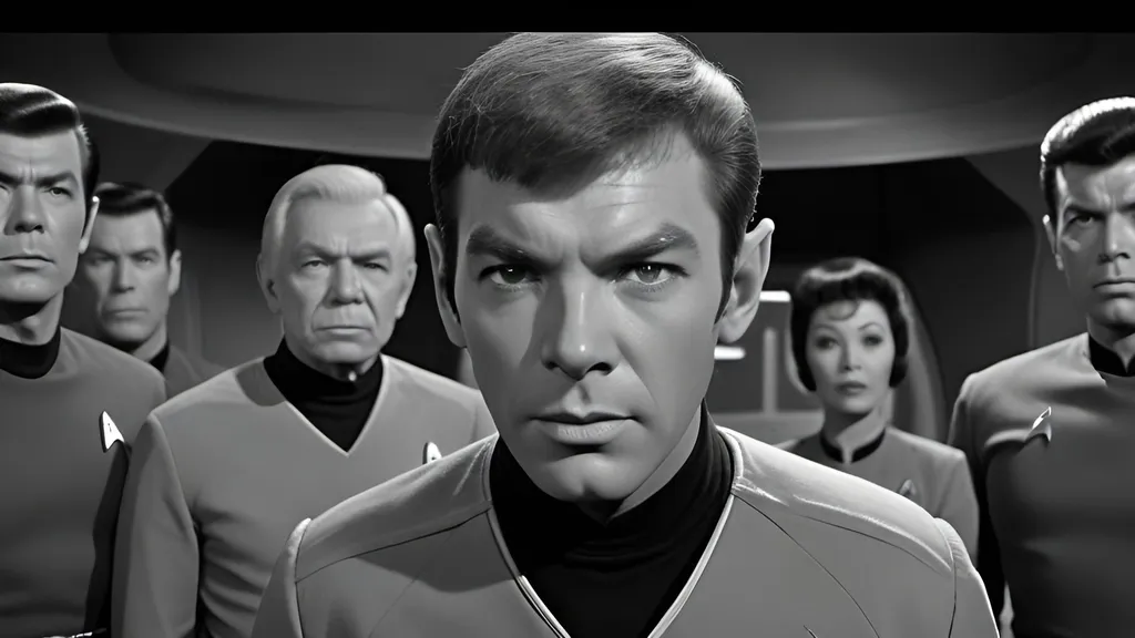 Prompt: Captain James T. Kirk, Spock, Montgomery Scott, Uhura, Dr. McCoy, Nurse Chapel,
Mr. Sulu, Ensign Chekov, Janice Rand, Film noir version of Star Trek, black and white, moody lighting,  vintage futuristic technology, intense close-ups, mysterious atmosphere, highly detailed, professional, film noir, vintage sci-fi, liminal space, dramatic lighting, intense gaze, detailed faces, highly expressive faces,  detailed eyes, detailed hair, detailed hands, crew members, shuttlecraft, blinking lights, computers, consoles, aliens,   grainy film look, detailed face, expressive face,  hands, detailed hair, detailed fingers, realistic fingers,  detailed fingernails, detailed mouths, detailed teeth,  perfect hands, physical perfection, relaxed posture,  hard boiled, tough, IMAX 70mm film, 15mm lens, hypermasculinity, best quality,  octane rendering,