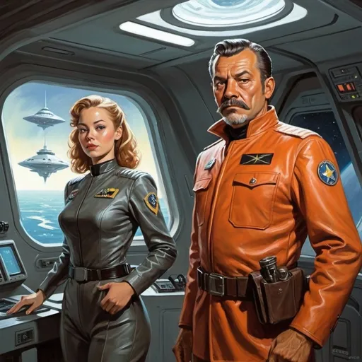 Prompt: Science fiction, pulp style, a man and a woman in command of a Statfleet  starship, best quality, inspired by old Harry Turtledove, by Sydney Sweeney, drawn by Vallejo