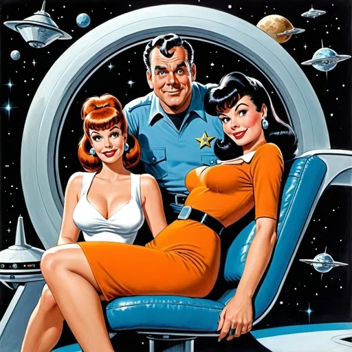 Prompt: Science fiction, pulp style, a man and a woman in command of a Starfleet  starship, best quality, Fred Flintstone, Betty Rubble, relaxed natural posture, drawn by Jack Kirby