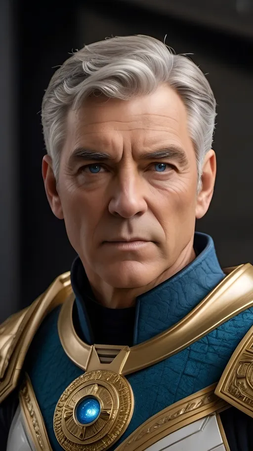 Prompt: Admiral Kirk, rugged looks, battle scarred, Confident, cocky, commanding demeanor,  intelligent vibe, proud and imperious, Roman-inspired haircut, gray hair, grizzled, gruff exterior, detailed gold Roman-inspired Starfleet body armor, ornate, intricate design, highly detailed Starfleet communicator badge, gold and jewel embellishments, realistic rank insignia, dynamic posture,  highly detailed face, intense facial expression, highly detailed facial wrinkles, highly detailed skin texture, highly detailed hair, highly detailed hair texture, highly detailed steely blue eyes, detailed iris texture, detailed pupils, highly detailed corneas, highly detailed sclera texture, highly detailed eyelashes, highly detailed eyebrows, highly detailed ears, highly detailed arms, highly detailed hands, detailed mouth texture, relaxed hands, highly detailed fingers, highly detailed mouth, relaxed mouths, highly detailed teeth,
highly detailed futuristic starship, futuristic Roman-inspired design, marble and acrylic materials, cinematic quality, dynamic composition, unique visual narrative, dramatic angles, diffuse professional lighting, opulent, splendid, subdued color scheme, sci-fi, futuristic, detailed architecture, grand scale, professional, atmospheric lighting, warlike vibe, IMAX 70mm film, Leica APO-Summicron-M 90mm f/2 lens,
