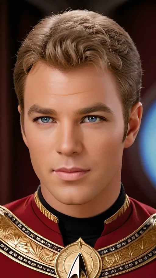 Prompt: Captain Kirk, Confident,  insouciant demeanor, charming, intelligent vibe, Roman-inspired haircut, detailed red Roman-inspired Starfleet dress, ornate, intricate design, highly detailed Starfleet communicator badges, gold and jewel embellishments, realistic rank insignia, relaxed posture, natural posture,  detailed face, relaxed facial expression, highly detailed skin texture, highly detailed hair, highly detailed hair texture, highly detailed eyes, detailed iris texture, detailed pupils, highly detailed eyelashes, highly detailed eyebrows, highly detailed ears, highly detailed arms, relaxed arms, highly detailed hands, detailed mouth texture, relaxed hands, highly detailed fingers, detailed mouth, relaxed mouths, highly detailed teeth,
