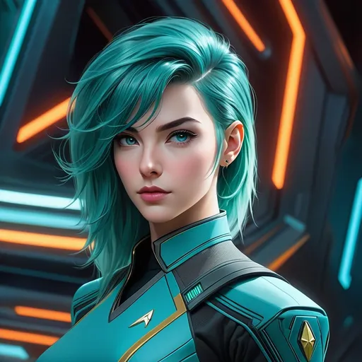 Prompt: Female Vulcan science officer, teal hair, Star Trek Brave New Worlds, engineering section, futuristic setting, detailed facial features, sci-fi, high-tech, professional, cool tones, atmospheric lighting, 64k, unreal engine, ultra-detailed, sleek design, futuristic technology, Vulcan features, teal hair highlights, detailed uniform, Star Trek, Brave New Worlds, engineering focus, intense gaze, Julie Bell