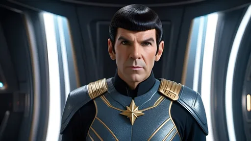 Prompt: Captain Spock, fierce demeanor, a fearsome leader, intelligent vibe, highly detailed Roman-inspired gold Starfleet body armor, ornate, intricate design, highly detailed Starfleet communicator badges, realistic rank insignia,  dynamic posture, highly detailed face, highly detailed facial wrinkle texture, highly detailed skin texture, highly detailed salt and pepper hair, highly detailed hair texture, highly detailed eyes, detailed iris texture, detailed pupils, highly detailed eyelashes, highly detailed eyebrows, highly detailed ears, highly detailed arms, relaxed arms, highly detailed hands, detailed mouth texture, relaxed hands, highly detailed fingers, detailed mouth, relaxed mouths, highly detailed teeth, highly detailed futuristic starship, futuristic Roman-inspired design, marble and acrylic materials, cinematic quality, dynamic composition, unique visual narrative, dramatic angles, diffuse professional lighting, opulent, splendid, subdued color scheme, sci-fi, futuristic, detailed architecture, grand scale, professional atmospheric lighting, warlike vibe, 