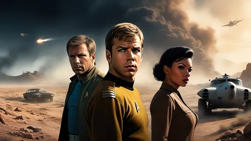 Prompt: Film noir version of Star Trek, Captain James T. Kirk, Spock, Commander Montgomery Scott, Lieutenant  Uhura, Dr. McCoy, Nurse Christine Chapel, 
Realistic digital painting of a Captain James T. Kirk as a drifter, gritty post-apocalyptic wasteland, dusty and desolate environment,  high quality, detailed textures, realistic, post-apocalyptic, emotional storytelling, intense lighting and shadows, muted earthy tones, Denis Villeneuve-inspired, detailed facial expressions, dust and debris in the air, emotional connection, IMAX 70mm film, Zeiss ZM T* Biogon 21/2.8 lens