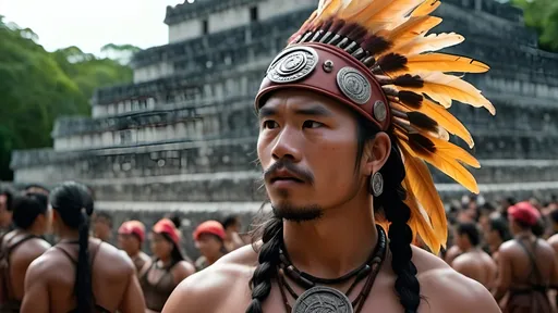 Prompt: A professional high quality, highly detailed matte painting for a film by Denis Villenueve,  by Greig Fraser, set in 500 CE, 64k octane rendering, the male gaze, an energetic male 20-year-old Mayan warrior, slender athletic build, a tuft of hair on the right side of his head, coppery brown skin, relaxed natural posture, scars, brightly colored tattoos , period garb,  jade jewelry, quilted armor, traditional Mayan headdress, fierce looking, clean shaven, detailed hair, detailed face, traditional Mayan footwear, practices in a Mayan ball court , in the crowded and bustling courtyard of  a pyramid, in the city of Chichen Itza, karst environment, cultivated vegetation, Mayan architecture, dozens of Mayan ball players, a thriving community,  a sense of foreboding, mysterious and strange, hyper masculinity, a sense impending doom, a deep connection to the natural world,
unreal engine, professional lighting, muted colors, IMAX 70mm film, Zeiss ZM T* Biogon 21/2.8 lens, dramatic angles, bright vibrant colors, fields of maize, detailed clothes, detailed hair, detailed hands, detailed eyes, a sense of disaster, best quality 