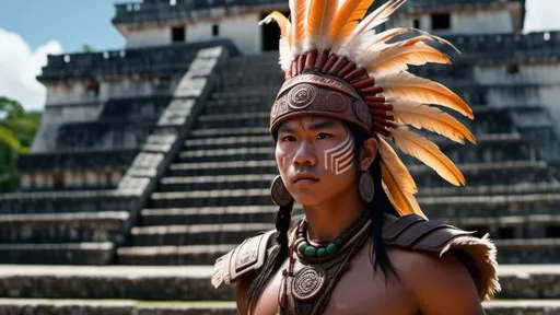 Prompt: A professional high quality, highly detailed matte painting for a film by Denis Villenueve,  by Greig Fraser, set in 500 CE, 64k octane rendering, the male gaze, an energetic male 20-year-old Mayan warrior, slender athletic build, a tuft of hair on the right side of his head, coppery brown skin, relaxed natural posture, scars, brightly colored tattoos , period garb,  jade jewelry, quilted armor, traditional Mayan headdress, fierce looking, clean shaven, detailed hair, detailed face, traditional Mayan footwear, practices in a Mayan ball court , in the crowded and bustling courtyard of  a pyramid, in the city of Chichen Itza, karst environment, cultivated vegetation, Mayan architecture, dozens of Mayan ball players, a thriving community,  a sense of foreboding, mysterious and strange, hyper masculinity, a sense impending doom, a deep connection to the natural world,
unreal engine, professional lighting, muted colors, IMAX 70mm film, Zeiss ZM T* Biogon 21/2.8 lens, dramatic angles, bright vibrant colors, fields of maize, detailed clothes, detailed hair, detailed hands, detailed eyes, a sense of disaster, best quality 