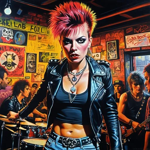 Prompt: Female punk rock star performer, Christy Powers style, at CBGB in 1978, oil painting, vibrant and rebellious, intense stage presence, iconic punk fashion, gritty urban atmosphere, vibrant colors, dramatic lighting, 4k, ultra-detailed, oil painting, rebellious, punk rock, iconic fashion, intense stage presence, gritty urban, vibrant colors, dramatic lighting, atmospheric