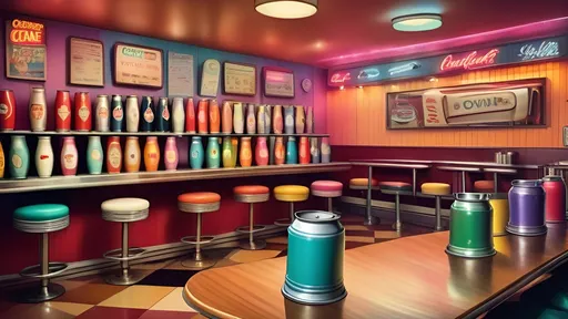 Prompt: Soup can bowling alley, retro pop art, vibrant colors, detailed soup can pins, vintage diner setting, nostalgic vibes, playful atmosphere, high quality, pop art, retro, vibrant colors, detailed soup cans, vintage diner, nostalgic, playful, atmospheric lighting