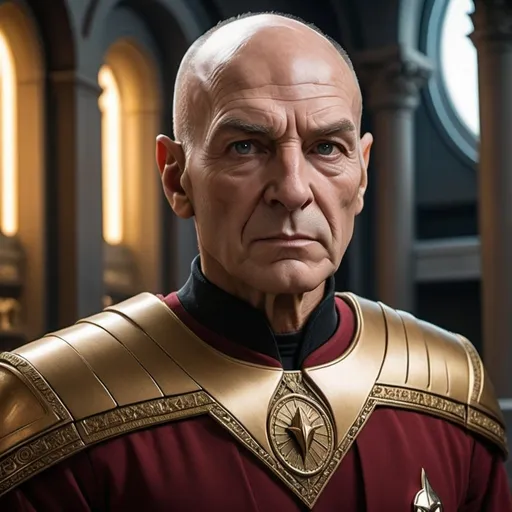Prompt: a highly detailed, high quality professional matte painting incorporating elements of Star Trek: The Next Generation, IMAX 70mm film, Leica APO-Summicron-M 90mm f/2 lens,

80-year-old Admiral Picard, completely bald head, Confident, cocky, regal demeanor,  haughty bearing, intelligent vibe, proud and imperious,  highly detailed crimson Roman-inspired Starfleet toga, Roman civic crown, ornate, intricate design, highly detailed scalp texture, highly detailed forehead creases, highly detailed face, intense facial expression, highly detailed facial wrinkles, highly detailed skin texture,  highly detailed warm hazel eyes, highly detailed iris texture, highly detailed pupils, highly detailed corneas, highly detailed sclera texture, highly detailed eyelashes, highly detailed eyebrows, highly detailed ears, highly detailed arms, highly detailed hands, highly detailed mouth texture, highly detailed fingers, highly detailed mouth, highly detailed teeth, dramatic poses,


a highly detailed futuristic city, gleaming, futuristic highly detailed Roman architecture, splendid, opulent,  Highly detailed futuristic depiction of Roman iconography, marble and gold materials, highly detailed intricate marble carvings, futuristic Roman architecture, gold accents, ultra-detailed, professional, futuristic, highly detailed Roman iconography, marble, gold, intricate details, luxurious, dramatic lighting and shadows, sci-fi, vibrant and dynamic, Roman Empire vibe, captivating storytelling, futuristic technology, highly detailed futuristic work stations, cinematic quality, dynamic composition,  unique visual narrative, dramatic angles, lens flare, professional lighting, subdued color scheme, night, two moons, 