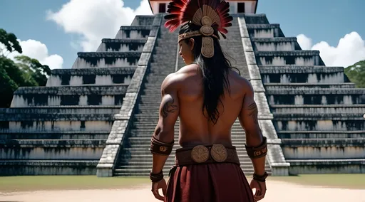 Prompt: A professional high quality, highly detailed matte painting for a film by Denis Villenueve,  by Greig Fraser, set in 500 CE, 64k octane rendering, the male gaze, after a battle, an energetic male 20-year-old Mayan ball player, slender athletic build, muscular and agile, long black hair, a tuft of hair on the right side of the head, coppery brown skin, relaxed natural posture, scars, traditional Mayan tattoos , period garb,  jade jewelry, quilted armor, traditional Mayan ballplayer headdress, fierce looking, clean shaven, traditional Mayan footwear, jogs in a Mayan ball court , in the crowded and bustling courtyard of  a pyramid, in the city of Chichen Itza, karst environment, cultivated vegetation, Mayan architecture, dozens of people, a thriving community,  a sense of foreboding, mysterious and strange, hyper masculinity, a sense impending doom, a deep connection to the natural world,
unreal engine, professional lighting, muted colors, IMAX 70mm film, Zeiss ZM T* Biogon 21/2.8 lens, dramatic angles, bright vibrant colors, fields of maize, detailed clothes, detailed hair, detailed hands, detailed eyes, a sense of disaster, best quality 