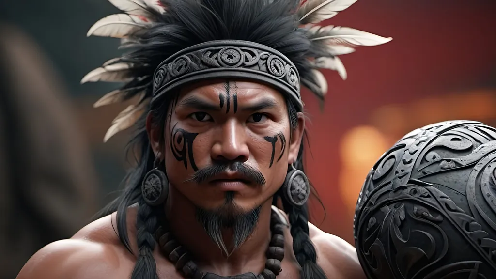 Prompt: a Mayan warrior in 500 CE, detailed hair, detailed face, playing Pok-ta-pok, 110mm diameter ball, best quality, 64k, unreal engine, octane rendering, highly detailed, by Denis Villenueve, by Greig Fraser, Zeiss ZM T* Biogon 21/2.8 lens, IMAX 70mm film