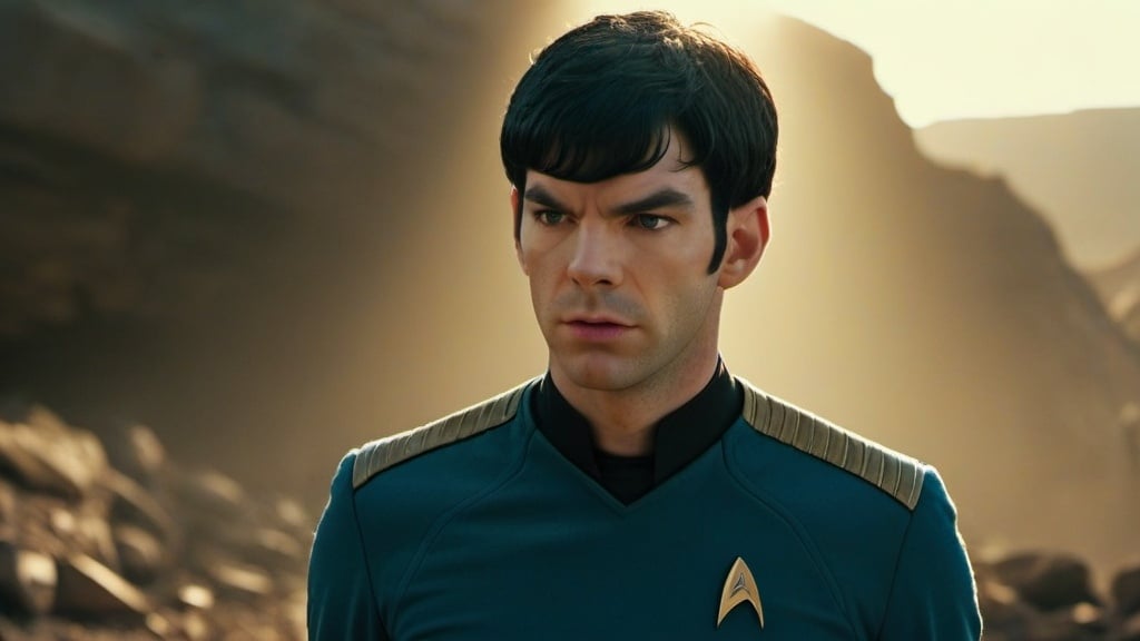 Prompt: Film noir version of Star Trek: Strange New Worlds, Ethan Peck
as 29-year-old Lieutenant Spock, detailed eyes, detailed blue uniform, detailed hair, detailed face, detailed hands, detailed fingers, fit and trim, intelligent, curious, stoic looking, relaxed posture, natural posture,  intense demeanor, vulnerable, quizzical expression, gritty post-apocalyptic wasteland, very windy, dusty and desolate environment,  derelict retro-futuristic spacecraft and rusty retro-futuristic mining equipment, detailed Starfleet away team uniforms, best quality, detailed textures, realistic, post-apocalyptic, intense close-ups,   emotional storytelling, intense lighting and shadows, muted earthy tones, liminal spaces, dramatic angles, professional lighting, Denis Villeneuve-inspired, detailed facial expressions, dust and debris in the air, lens flare,  IMAX 70mm film,  Zeiss ZM T* Biogon 21/2.8 lens,
