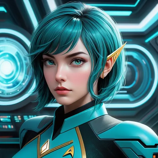 Prompt: Female Vulcan science officer, teal hair, Star Trek Brave New Worlds, engineering section, futuristic setting, detailed facial features, sci-fi, high-tech, professional, cool tones, atmospheric lighting, 64k, unreal engine, ultra-detailed, sleek design, futuristic technology, Vulcan features, teal hair highlights, detailed uniform, Star Trek, Brave New Worlds, engineering focus, intense gaze, by Julie Bell, movie poster style