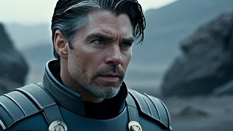 Prompt: Film noir version of Star Trek: Strange New World, Anson Mount is 43-year-old Captain Christopher Pike, Rebecca Romijn is 30-year-old  First Officer Una Chin-Riley, detailed eyes, detailed uniforms, detailed hair, detailed faces, detailed hands, relaxed posture, natural posture,  professional attachment, gritty post-apocalyptic wasteland, windy, dusty and desolate environment, high quality, detailed textures, realistic, post-apocalyptic, intense close-ups, derelict futuristic spacecraft,  emotional storytelling, intense lighting and shadows, muted earthy tones, rusty futuristic mining equipment, liminal spaces, dramatic angles, professional lighting, Denis Villeneuve-inspired, detailed facial expressions, dust and debris in the air, lens flare,  IMAX 70mm film,  Zeiss ZM T* Biogon 35/2 lens,
